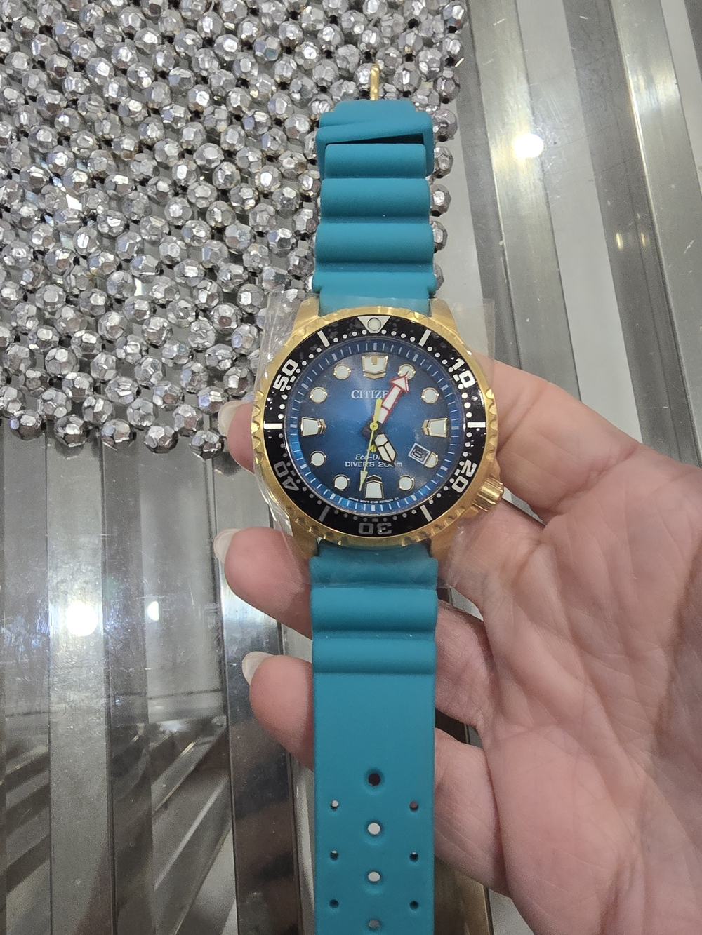Citizen Blue Dial Gold-Tone Dive Watch with Teal Silicone Strap